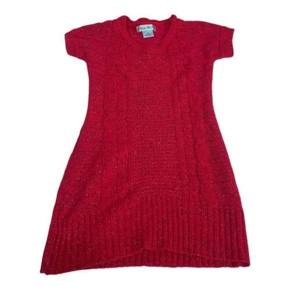Blue Heart Girls Red Sparkle Knit Sweater Dress Size 7-8 Short Sleeve Casual